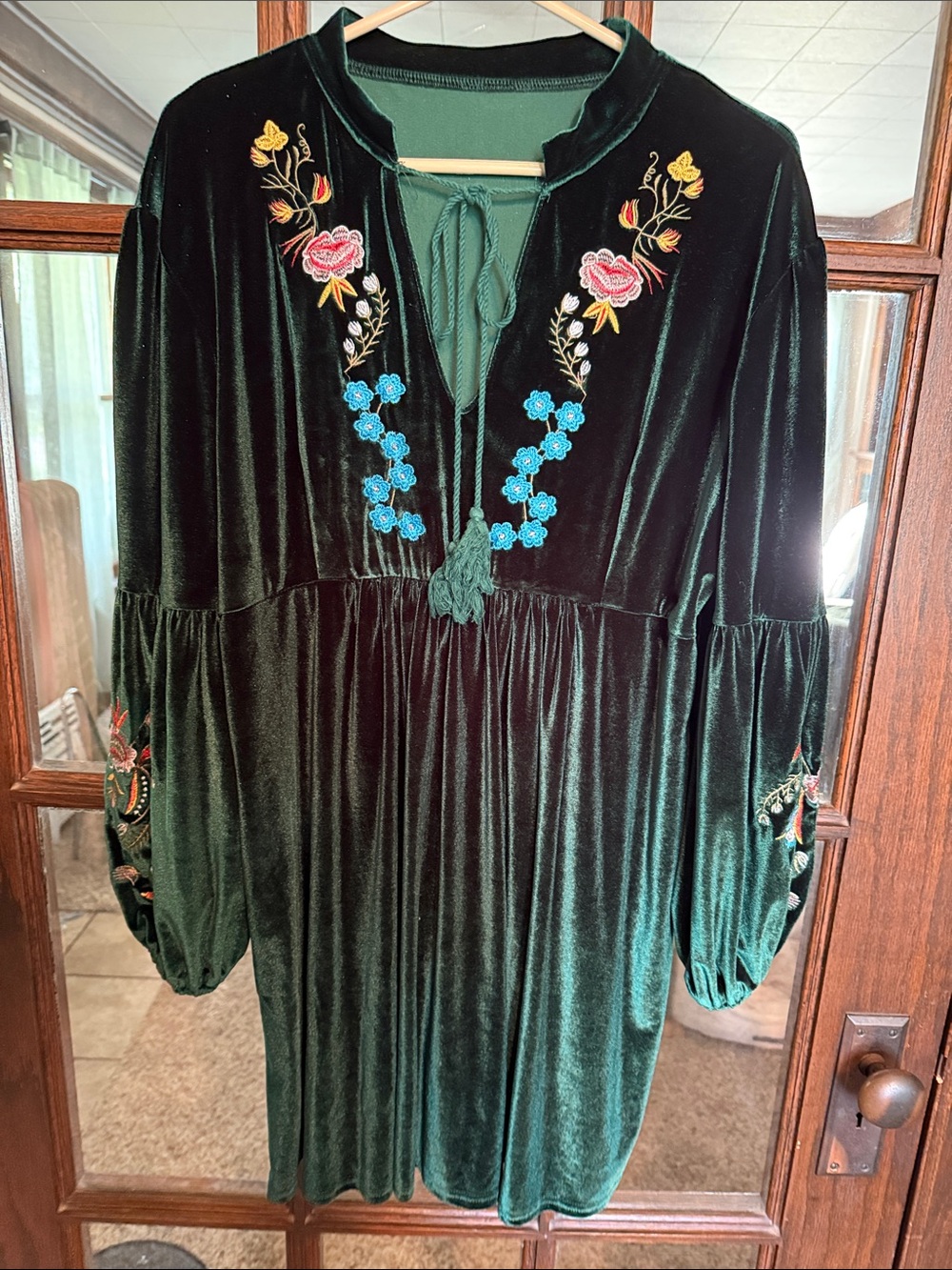Forest Green Velvet Embroidered Floral Lantern Sleeve Boho Dress Fairycore Folk